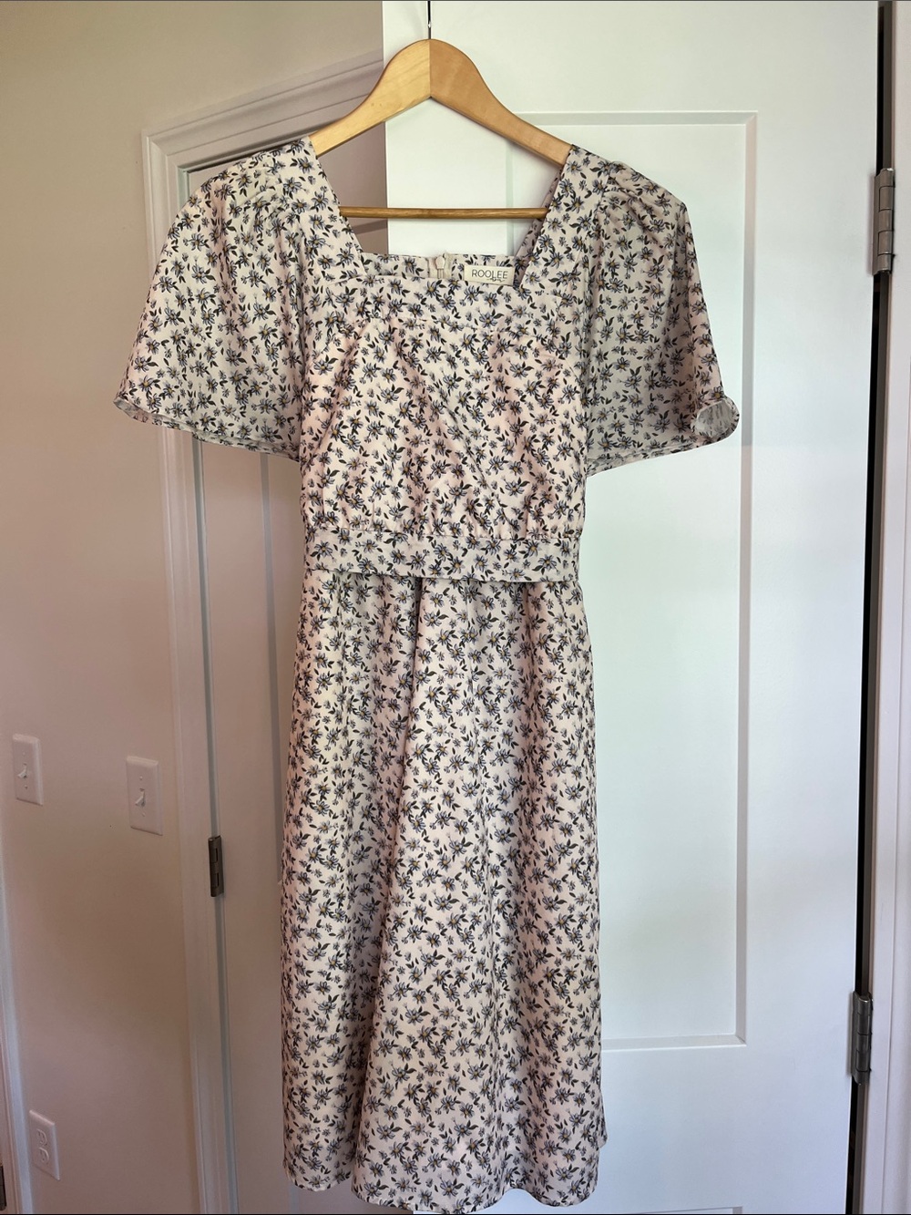 Roolee Cream Floral Square-Neck Midi Dress